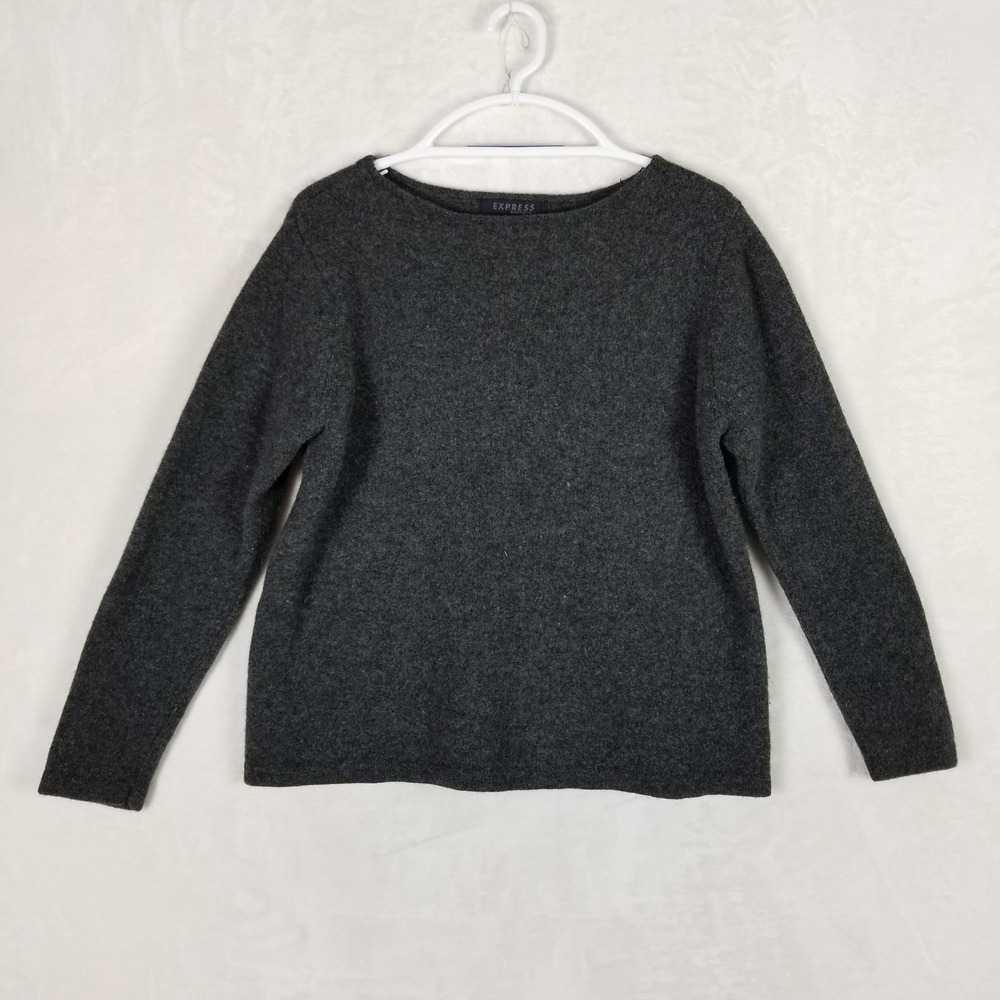 Express Sweater Women L Grey Lambswool Boat Neck Long Sleeve Pullover 141
